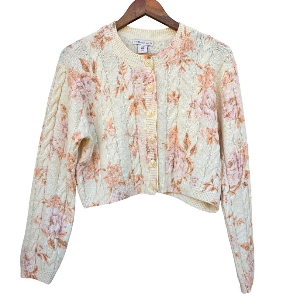 Sincerely Jules Cream Floral Cable Knit Cardigan with Pink and Peach Flowers